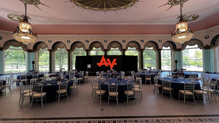 AV Chicago room set up for LISC Gala. Gala tables, with large LED Screen.